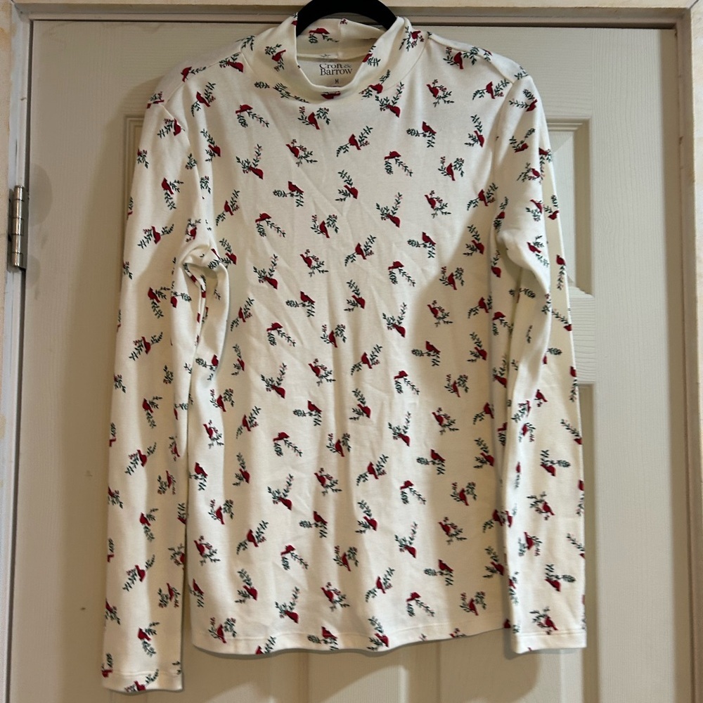 Croft & Barrow Cream Top with Red and Green Floral Design